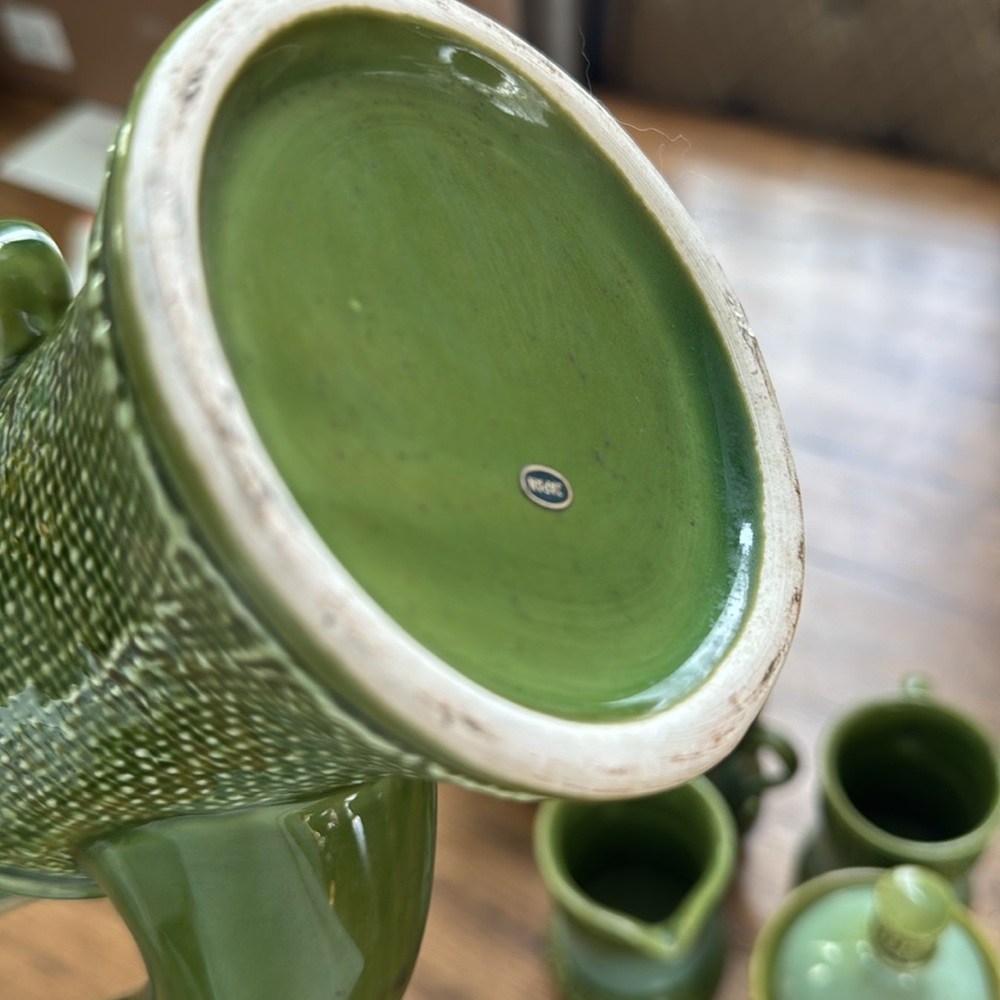 Vintage MCM Green Ceramic Coffee Set | Carafe 16 1/2 tall by 8 1/2 wide - Picture 13 of 17